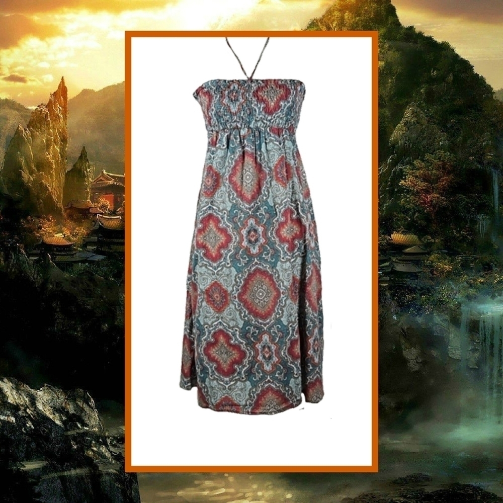 Mossimo 100% Cotton Vintage Lined Ruched Bust Halter Dress, Multi, Size M